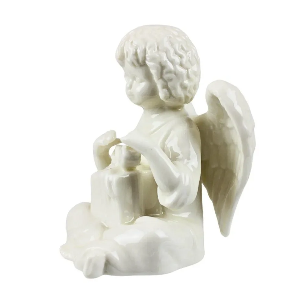 Ceramic Porcelain White Sitting Angel Holding Gift Box w/ Box Kitsch Cottagecore